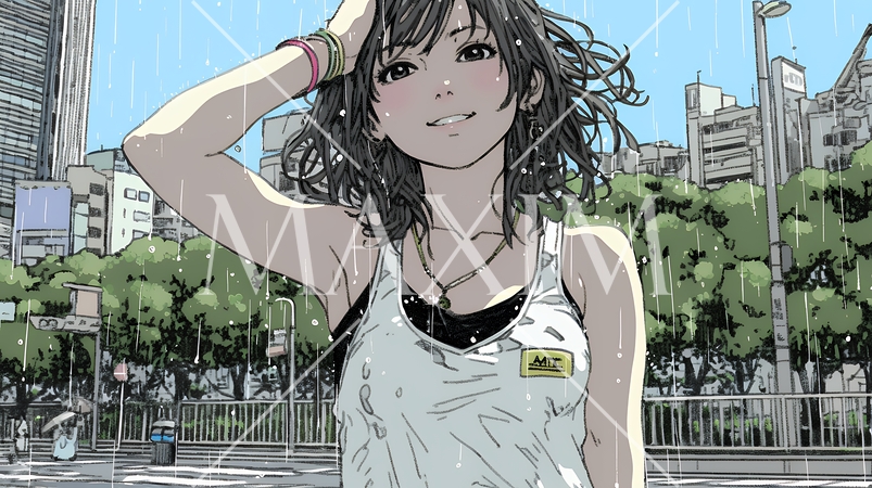 夏の急な雨でびしょ濡れの若い女性