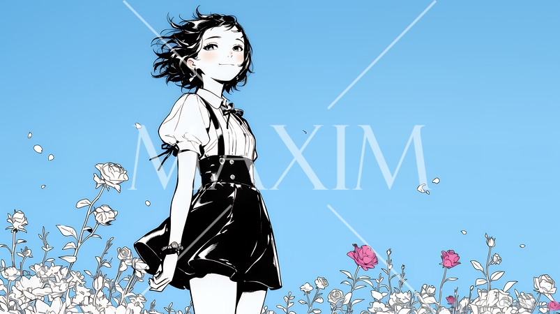 バラ園を散策している若い女性（シンプルな色使い）