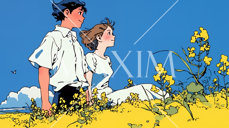 菜の花畑でデートをしている若いカップル