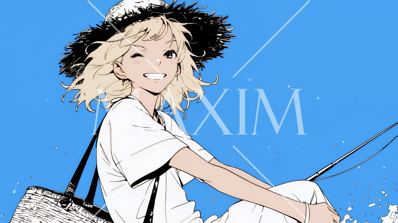 夏休みの思い出：海辺の町への一人旅（シンプルな色使い）