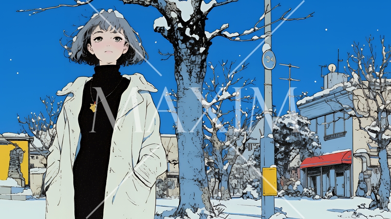 冬枯れの街を歩く若い女性