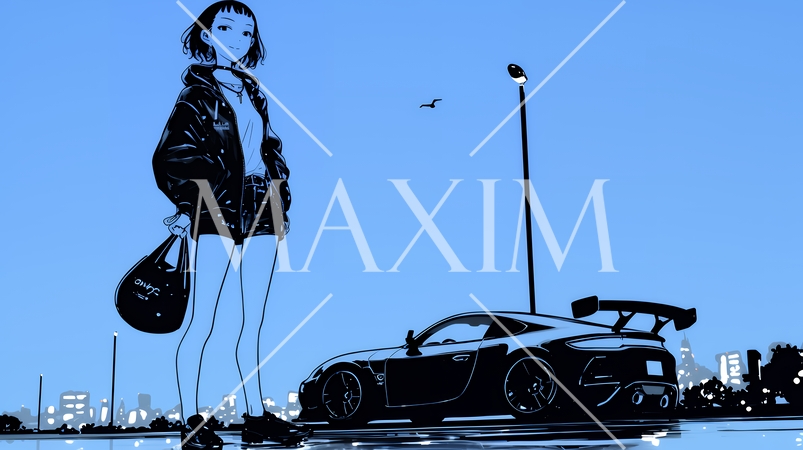 若い女性が佇む都市の街角（シンプルな色使い）