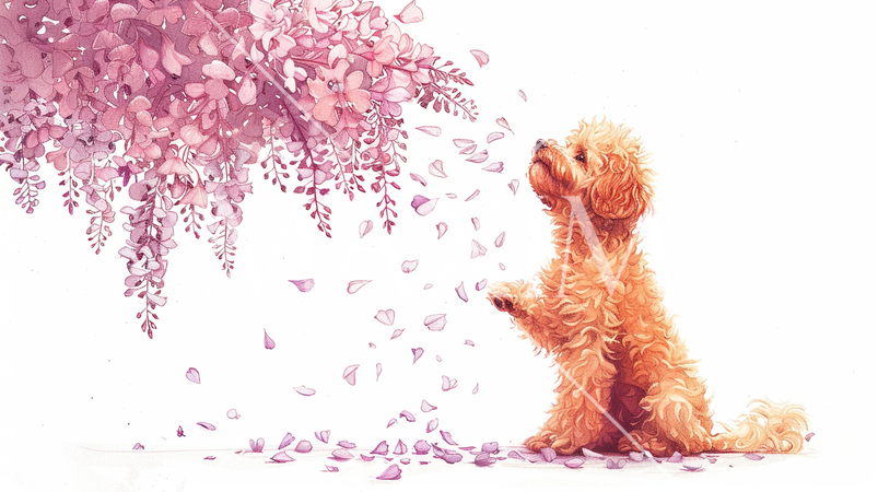トイプードルと散りゆく藤の花：鉛筆＋水彩