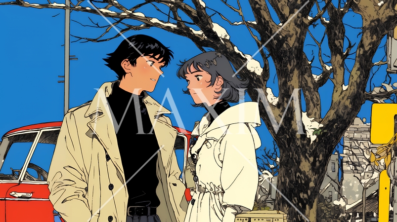 冬枯れ街をデートしている若い恋人たち