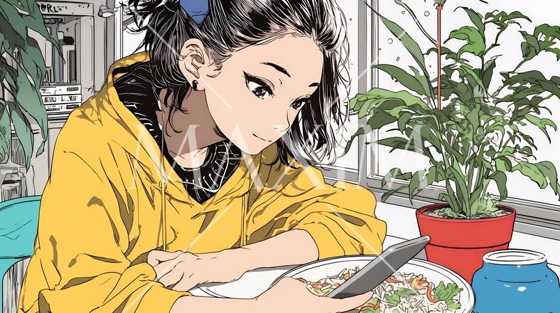 食事の最中もスマホを手放せない若い女性