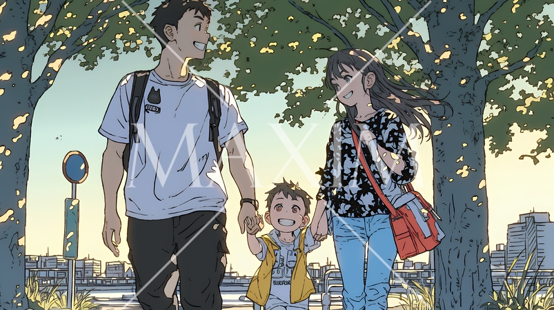 仲の良い家族：父親、母親、その子どもが仲良く連れ立って歩いている