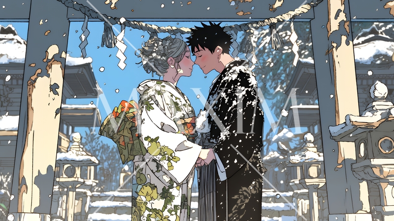 初詣をしている若い恋人カップル