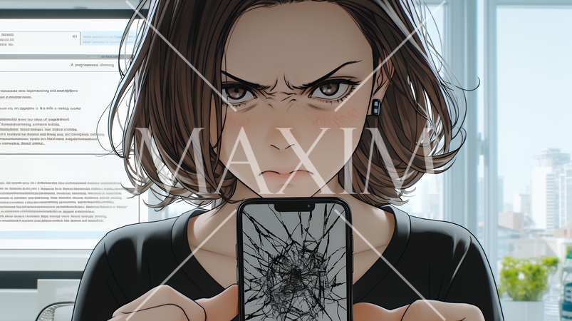 画面が激しく割れているスマートフォンを手にしているいる若い女性