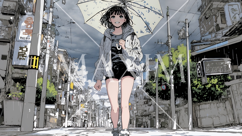 雨の日に傘をさして歩く若い女性