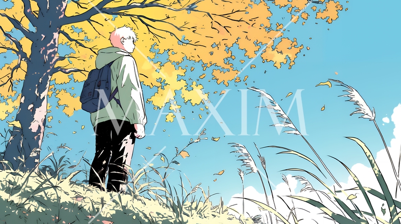 秋の野山をハイキングしている若い男性