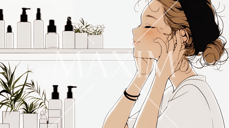 スキンケアを念入りに行う若い女性（シンプルな色使い）