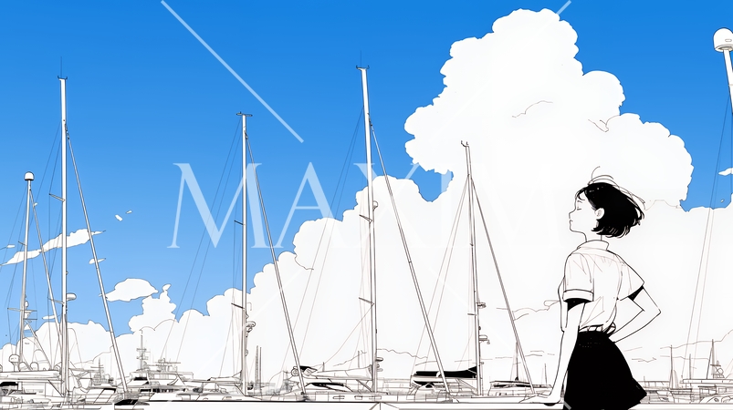 沖縄のヨットハーバーに立つ若い女性（シンプルな色使い）