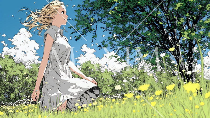 スカートを揺らしながら春風と戯れている若い女性