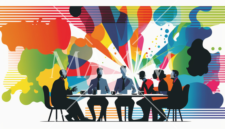 会議とブレインストーミング：人々が会議室で議論し、アイデアを出し合う場面。