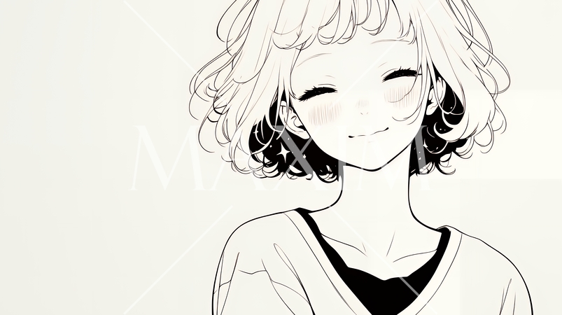 「うふふ」と微笑んでいる若い女性（シンプルな色使い）