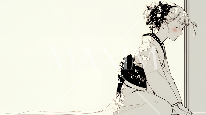 手を合わせてお祈りをしている和服姿の若い女性（シンプルな色使い）