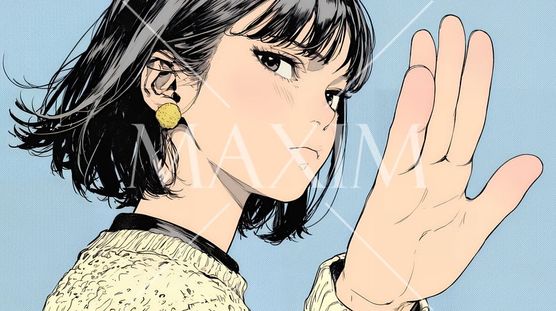 手のひらを相手に向けて見せるジェスチャーをして拒否の意思を表している若い女性