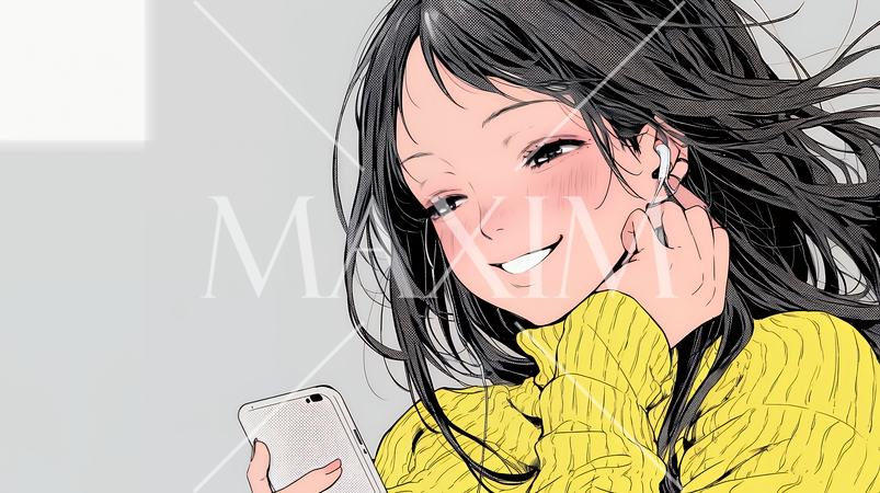 楽しそうにスマホ画面を眺めている若い女性