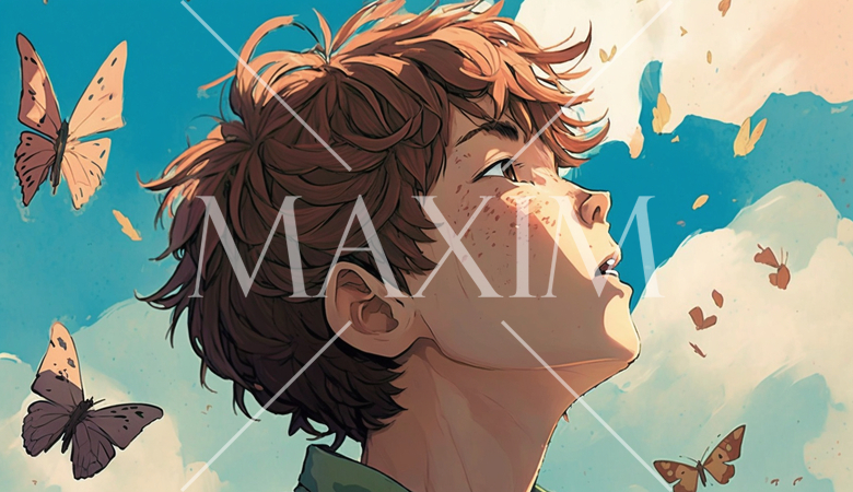 惣領の甚六：甚六さん、頭に蝶がとまっているのにも気づかず、口を開けて眠そうに空を見上げている。