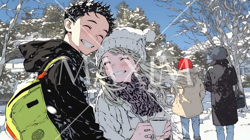 雪の日に家族で仲良く散歩に出かけている