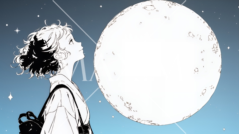 月見をしている若い女性（シンプルな色使い）