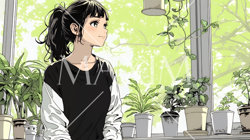 観葉植物の世話をする若い女性