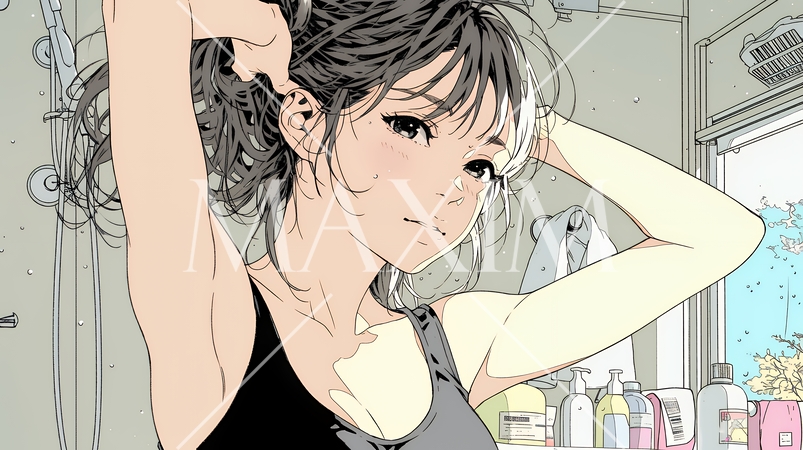 朝支度：洗面所で髪をまとめている若い女性