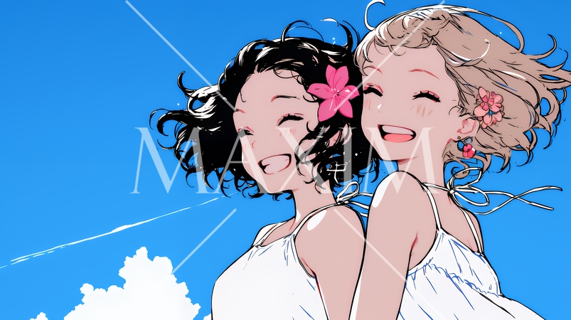 夏休みの思い出：女友達同士で旅行に行く（シンプルな色使い）