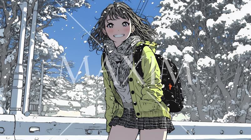 雪の積もる田舎道を歩いている若い女性