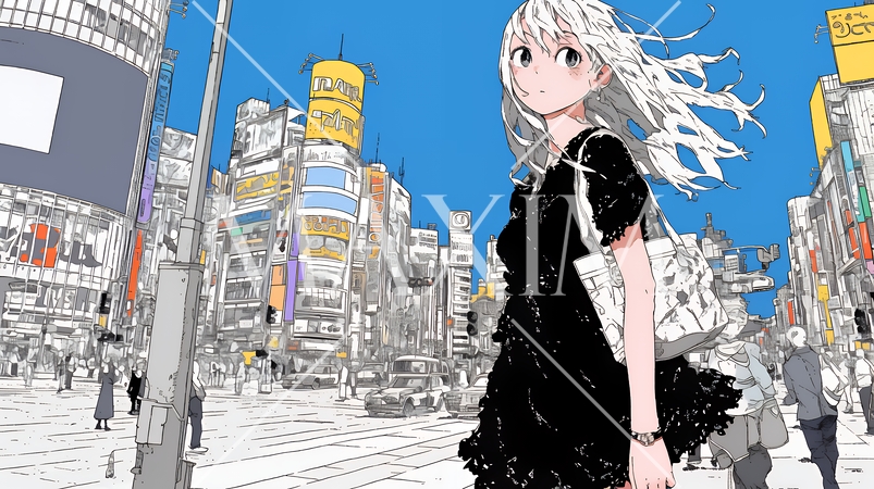 ハロウィン：ゴシックロリータファッションで町を歩く若い女性