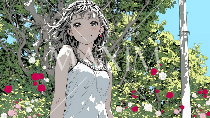 バラ園を散策している若い女性