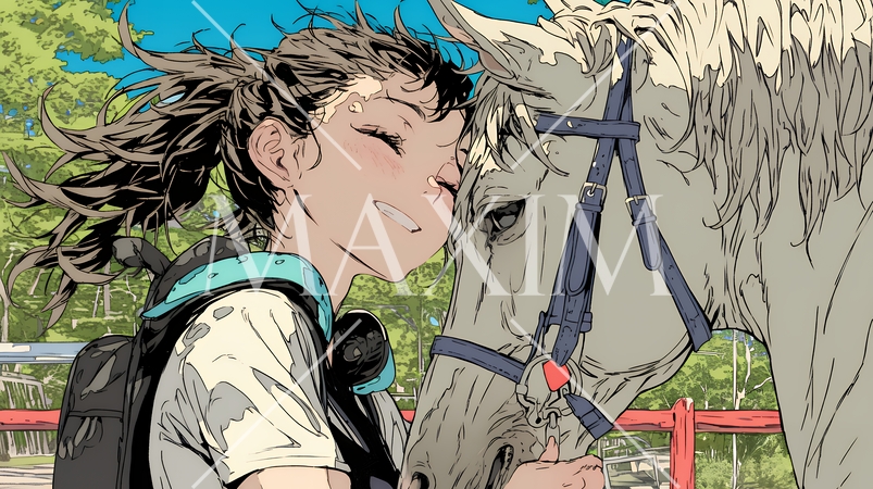 馬の世話をしている若い女性