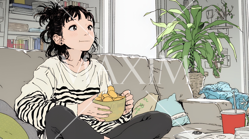 ポテトチップスをつまみながら、ひとりでビデオを観る若い女性