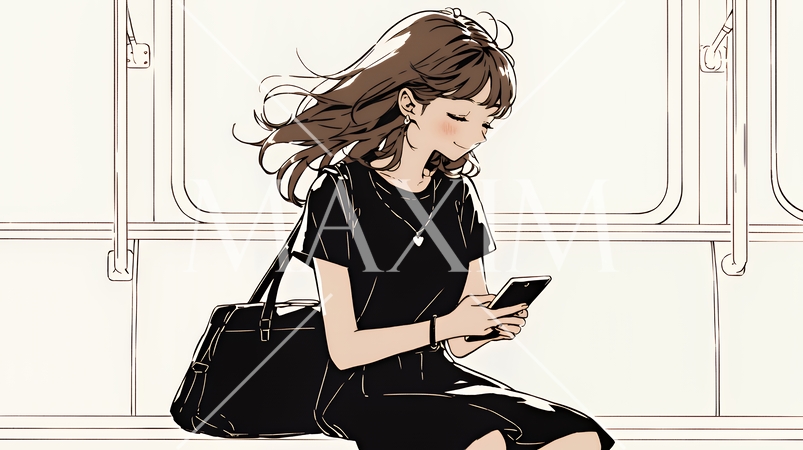 嬉しそうな表情でスマホを使っている女性（シンプルな色使い）