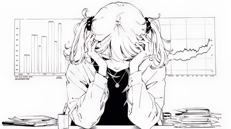 金融市場の急激な変動で頭を抱えている女性（シンプルな色使い）