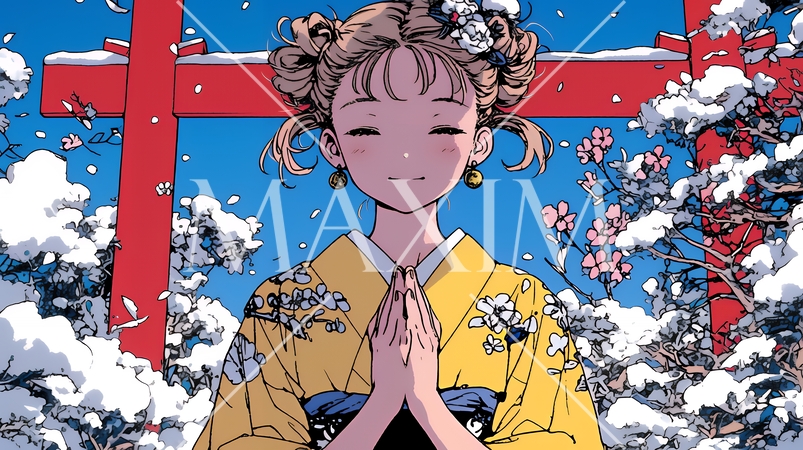 和服を着て初詣をしている若い女性