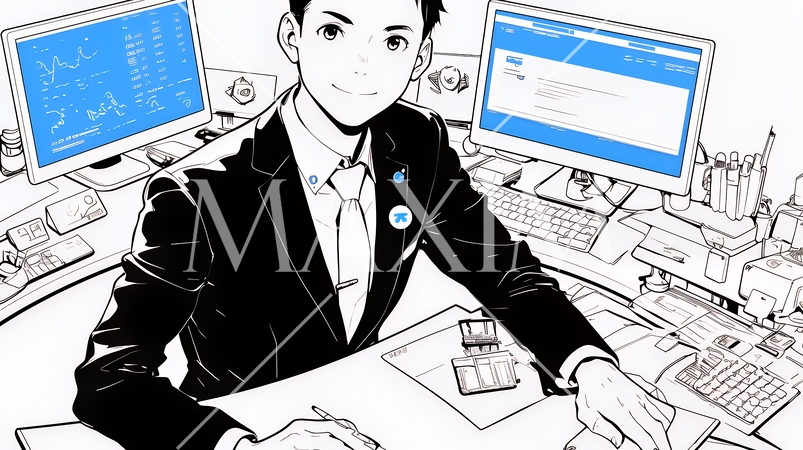 資料作成を行っている男性（シンプルな色使い）