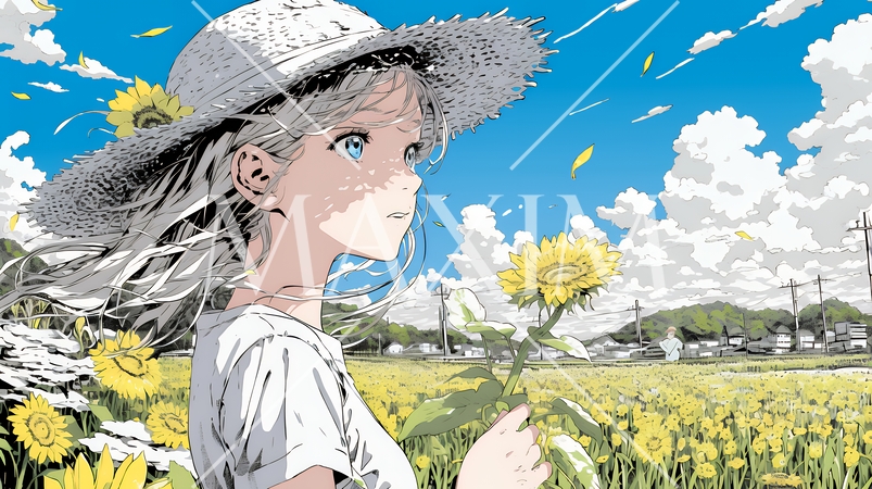 夏の晴天の日、ひまわりの畑を散策している若い女性