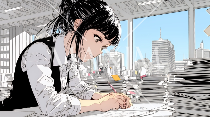 オフィスのデスクで、入念に書類をチェックする女性