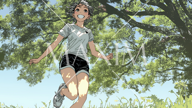 喜びにあふれ、軽やかにスキップする若い女性