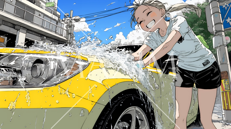 晴れた日に洗車をする若い女性｜青空と水しぶきの爽やかなライフスタイルシーン