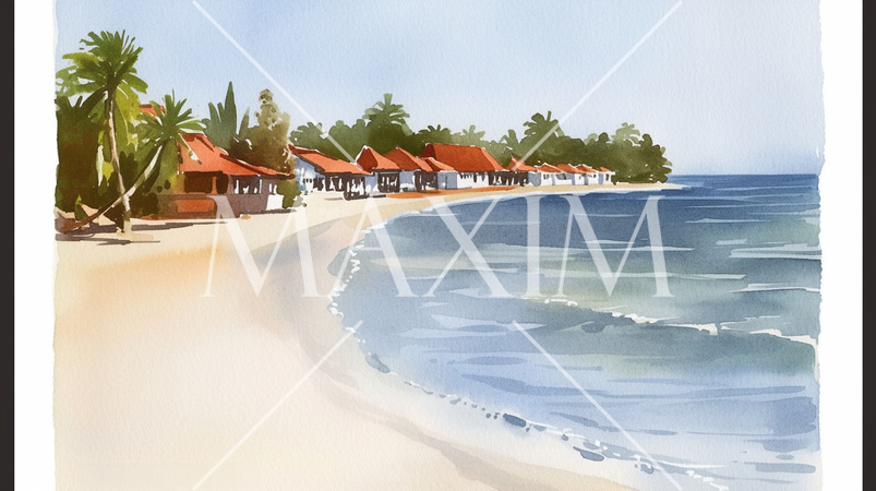 コテージが並ぶ南国の海辺の風景