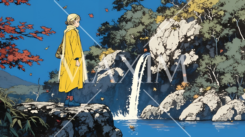 滝のある渓谷の紅葉