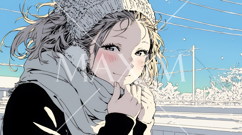 かじかんだ手に息を吹きかけて温めている若い女性