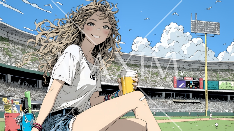 野球などの屋外スポーツを観戦しながら、ビールを楽しむ若い女性。