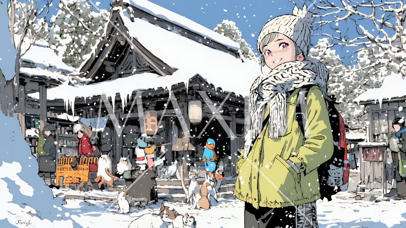 雪の積もる田舎道を歩いている若い女性