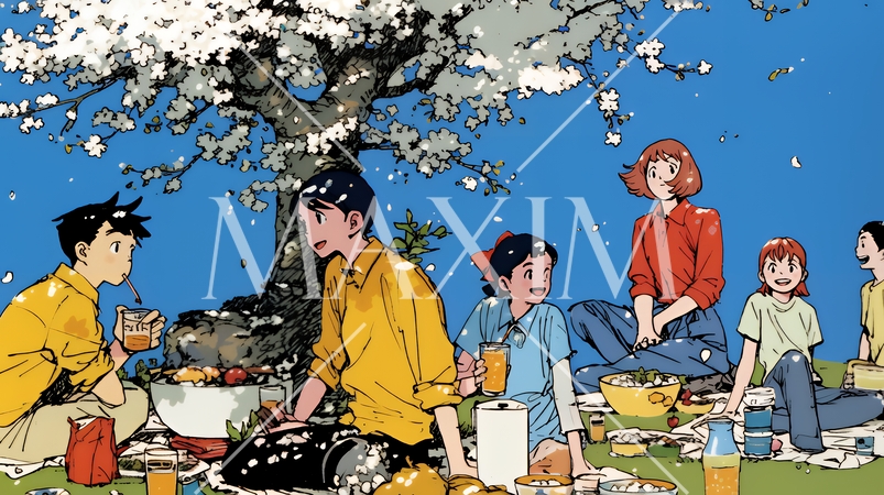 満開の桜の下で仲間たちと花見宴会