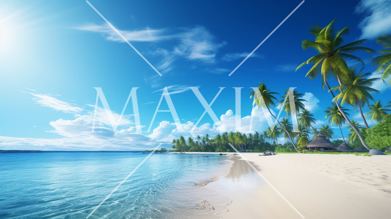 南の島の浜辺と空の背景イメージの精緻CG画