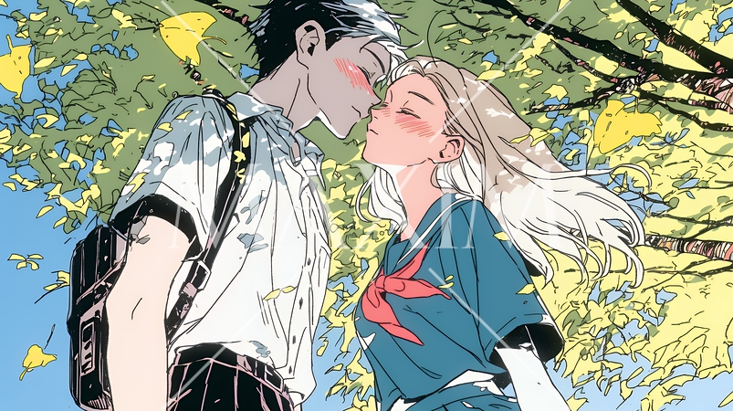 秋の紅葉の下でキスをしている若い恋人たち