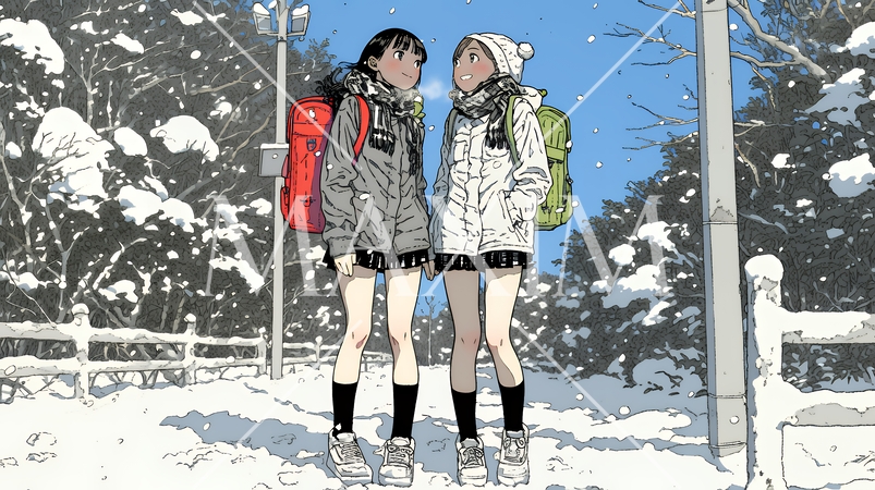 雪の日に友達と通学する女子高生